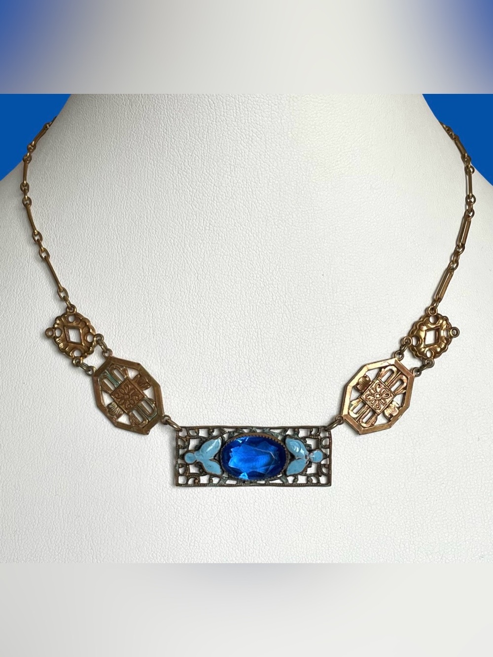 Vintage Antique Art Deco Brass And Czech Glass Necklace